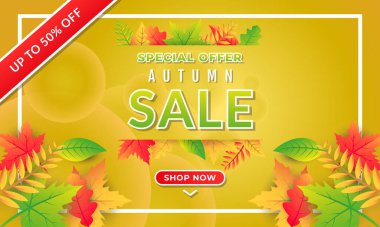  Sonbahar satış vektör arkaplanı tatil tanıtımı, davetiye ve tebrik kartı için yapraklarla dekore edilir. Vektör resimleme şablonu
