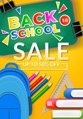 Okul elemanı tasarım şablonlu okul satış vektör posteri ve afişi. Davetiye, poster, afiş, kart, satış, promosyon için renkli.