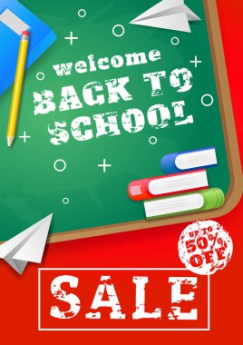 Okul elemanı tasarım şablonlu okul satış vektör posteri ve afişi. Davetiye, poster, afiş, kart, satış, promosyon için renkli.