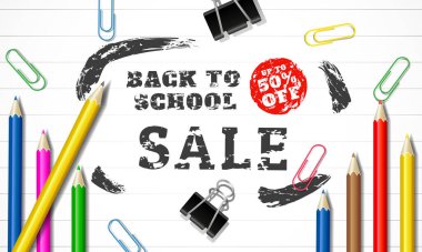 Okul elemanı tasarım şablonlu okul satış vektör posteri ve afişi. Davetiye, poster, afiş, kart, satış, promosyon için renkli.