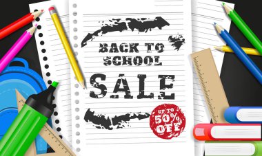 Okul elemanı tasarım şablonlu okul satış vektör posteri ve afişi. Davetiye, poster, afiş, kart, satış, promosyon için renkli.