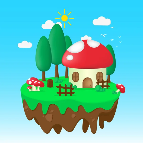 带着蘑菇屋 小山和全景的平面插图漂浮在岛上 夏天的例证 夏季矢量背景适合封面 海报等 — 图库矢量图片