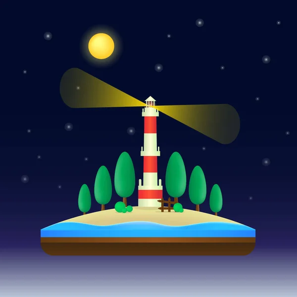 Schwimmende Insel Flacher Illustration Mit Strandlandschaft Und Leuchtturm Leuchtturm Vektorhintergrund — Stockvektor