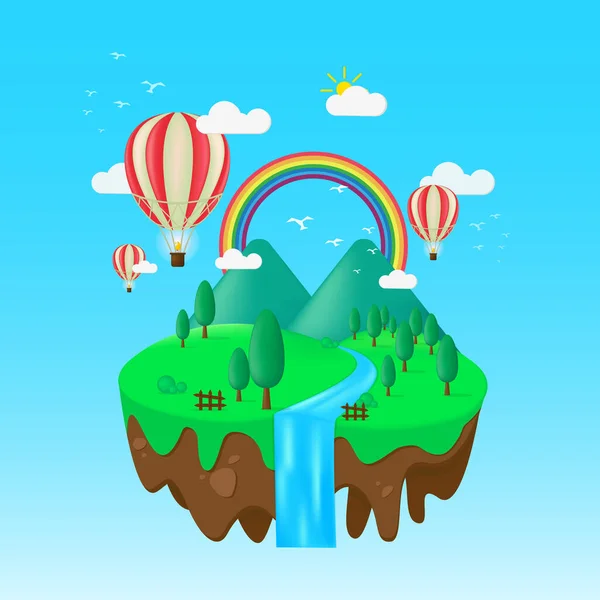 用平坦的山形图画着浮岛 和气球 彩虹全景插图 夏季矢量背景适合封面 海报等 — 图库矢量图片