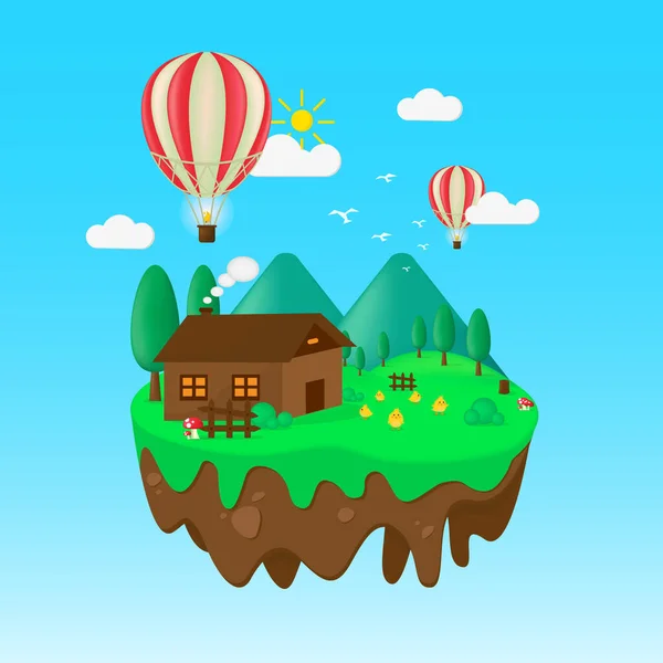 用平坦的图解 用高山 小山和气球漂浮着的岛屿 村庄全景图解 夏季矢量背景适合封面 海报等 — 图库矢量图片