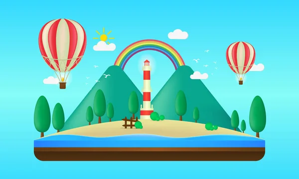 用高山 大海和气球以平坦的图解漂浮着的岛屿 彩虹全景插图 夏季矢量背景适合封面 海报等 — 图库矢量图片
