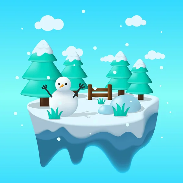 Floating Winter Island Flat Illustration Snow Man Ice Panorama Ice — Stock Vector