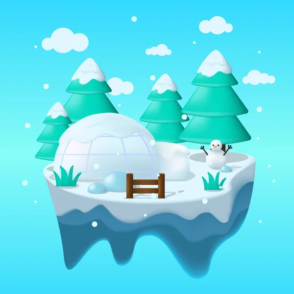 Plovoucí Zimní Ostrov Plochém Obrázku Ledovým Domem Sněhulákem Ledovým Panoramatem — Stockový vektor