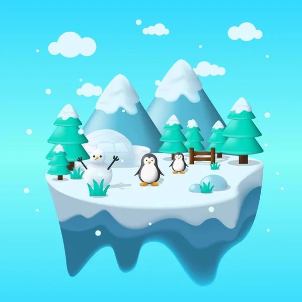Zwevend Wintereiland Vlakke Illustratie Met Pinguïn Sneeuwpop Ijspanorama Ijseiland Illustratie — Stockvector