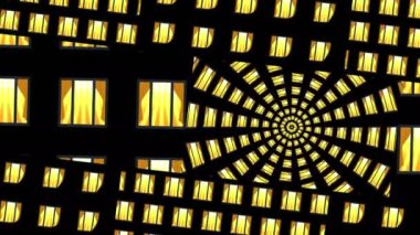 Çok katlı binaların hareket eden gece pencereleri var. Dinamik kontrastlı kompozisyon. Siyah arkaplanda soyutlama