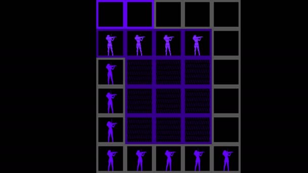 Spiral cells - effect. The figure is a violinist. Dynamic contrast animation of squares, digital pixels. Can be used for concerts, shows, disco parties, music videos — Stock Video