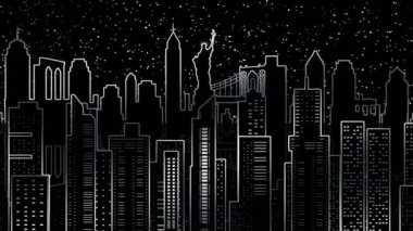 New York panoramasının animasyonu. Binaların ve eğlencelerin hatları..