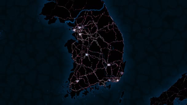 Dél Korea Térképe Éjszakai Kilátás Űrből — Stock videók