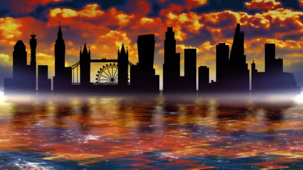Панорама достопримечательностей Лондона. Контуры зданий отражаются в воде. — стоковое видео