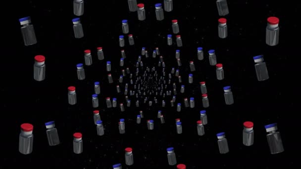 Blue and red vaccine bottles are flying in a tunnel on a black background. — Stock Video