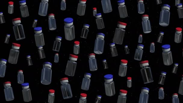 Blauwe en rode vaccinflessen zweven en zweven tegen een zwarte achtergrond. — Stockvideo