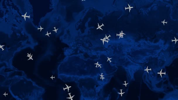 Flugzeuge im Hintergrund der Weltkarte. — Stockvideo