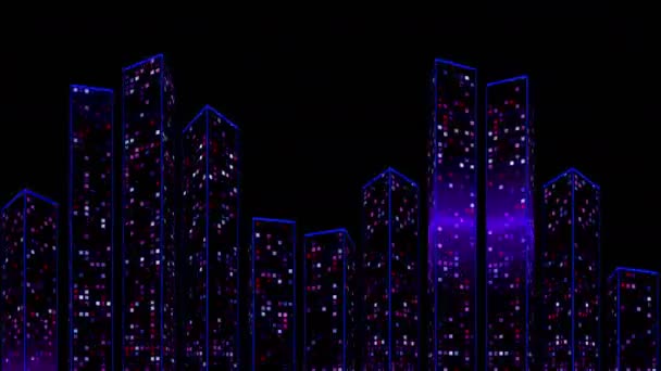 Ecualizador virtual. Columnas verticales 3D en el espectro láser de neón azul, vibraciones de píxeles fluorescentes brillantes para una discoteca o espectáculo. — Vídeo de stock