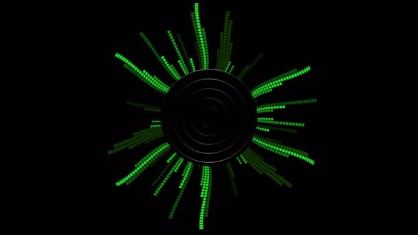 Equalizador circular virtual. Colunas verticais de quadrados no espectro laser de néon verde, vibrações dinâmicas de pixels para uma boate ou show. — Vídeo de Stock