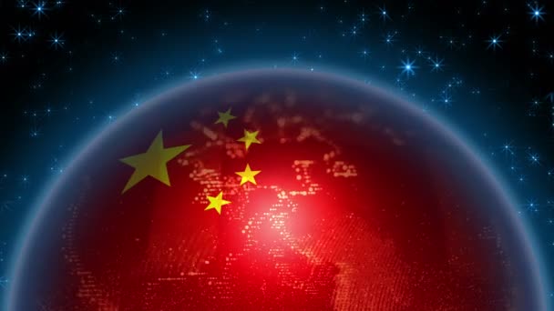 Σημαία της Κίνας κρεμασμένη στον πλανήτη Γη. Αφαίρεση μιας σφαίρας με το περίγραμμα των ηπείρων. — Αρχείο Βίντεο