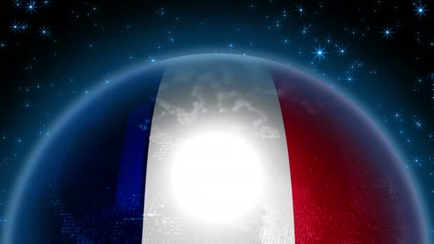 Francia bandiera appesa sul pianeta Terra. Astrazione di un globo con i contorni dei continenti. — Video Stock