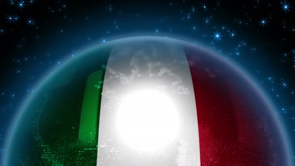 Σημαία Ιταλίας κρεμασμένη στον πλανήτη Γη. Αφαίρεση μιας σφαίρας με το περίγραμμα των ηπείρων. — Αρχείο Βίντεο