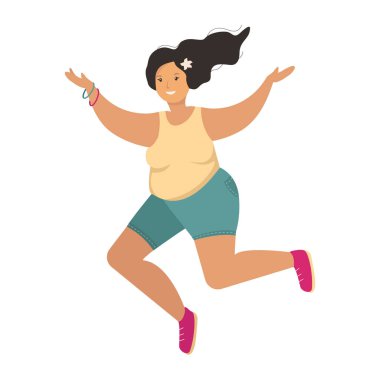 Vücut pozitif vektör çizimi. Artı beyaz arka planda boyda bir kadın. Çizgi film tarzında şişman mutlu bir kız..