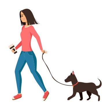 Salgın ve karantina sona erdi. Köpeğiyle gezen bir kız. Salgın ve karantinadan sonra köpekle sokakta yalnız kalan bir kız. Düz vektör çizimi beyaz arkaplanda izole edildi.