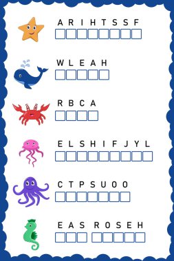 Harfleri doğru sıraya koy. Eğitim için çalışma kâğıdı. Eğitim mantık oyunu. Anaokulu, ilkokul ve ortaokul öğrencileri için çalışma programı uygulaması. Eğlenceli mantık bulmacası etkinlik sayfası.