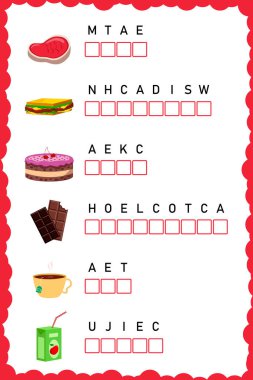 Harfleri doğru sıraya koy. Eğitim için çalışma kâğıdı. Eğitim mantık oyunu. Anaokulu, ilkokul ve ortaokul öğrencileri için çalışma programı uygulaması. Eğlenceli mantık bulmacası etkinlik sayfası.