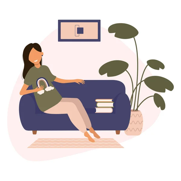 快乐的女人坐在沙发上放松 女孩呆在家里看书 待在家里的概念 自由职业者的生活方式 平面卡通风格的矢量插图 — 图库矢量图片