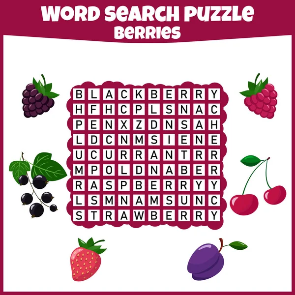 Word Search Puzzle Crossword Berries Fresh Berries Vector Education Game — Stock Vector