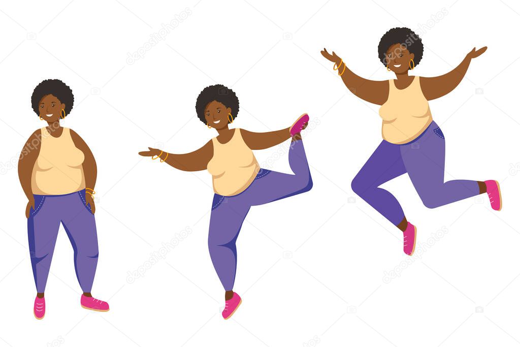 Body positive set. Set of beautiful plus size woman in different poses. Plus size woman on white background. Happy overweight girl in flat cartoon style.