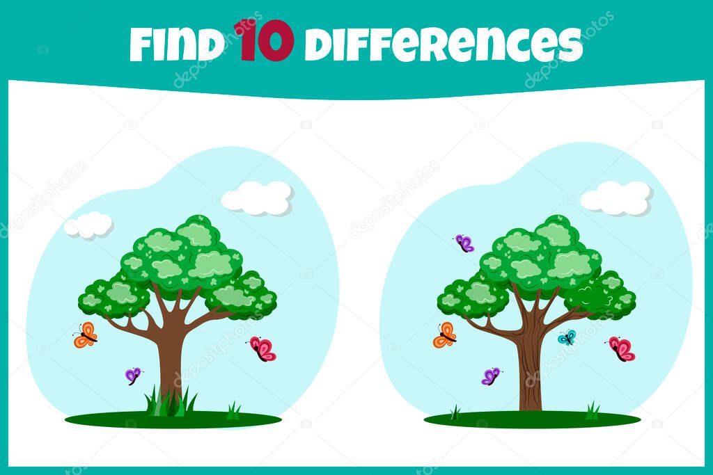 Find 10 differences. Find the differences. Educational game for children. Illustration of Finding Differences. Tree and butterflies.