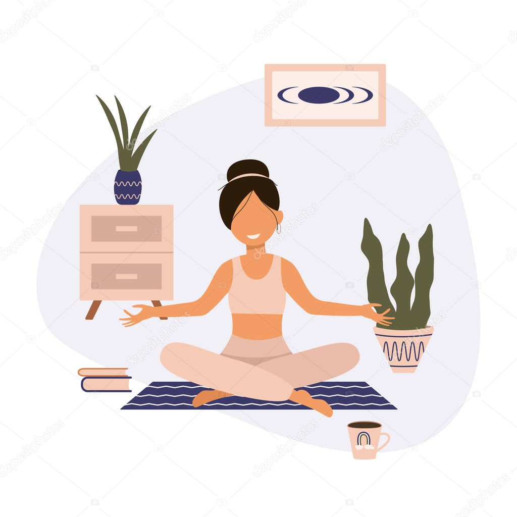 Smiling woman sit in yoga pose vector flat illustration. Woman doing yoga. Sports female practicing morning exercise at home. Healthy lifestyle and spiritual practice.