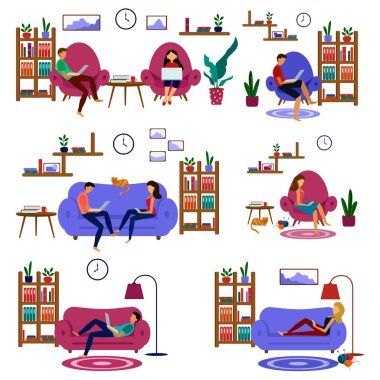 Ev konsepti, ortak çalışma alanı, konsept çizim. Evde çalış. Beyaz arka planda çalışan bir grup insan. Karantinada çalışan bir grup insan.