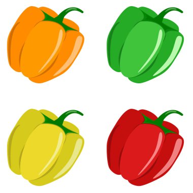 Düz simge dört biber. Beyaz arka planda sarı, kırmızı, yeşil ve turuncu biberler. Pepper seti beyaz arka planda izole edildi. Vektör illüstrasyonu.