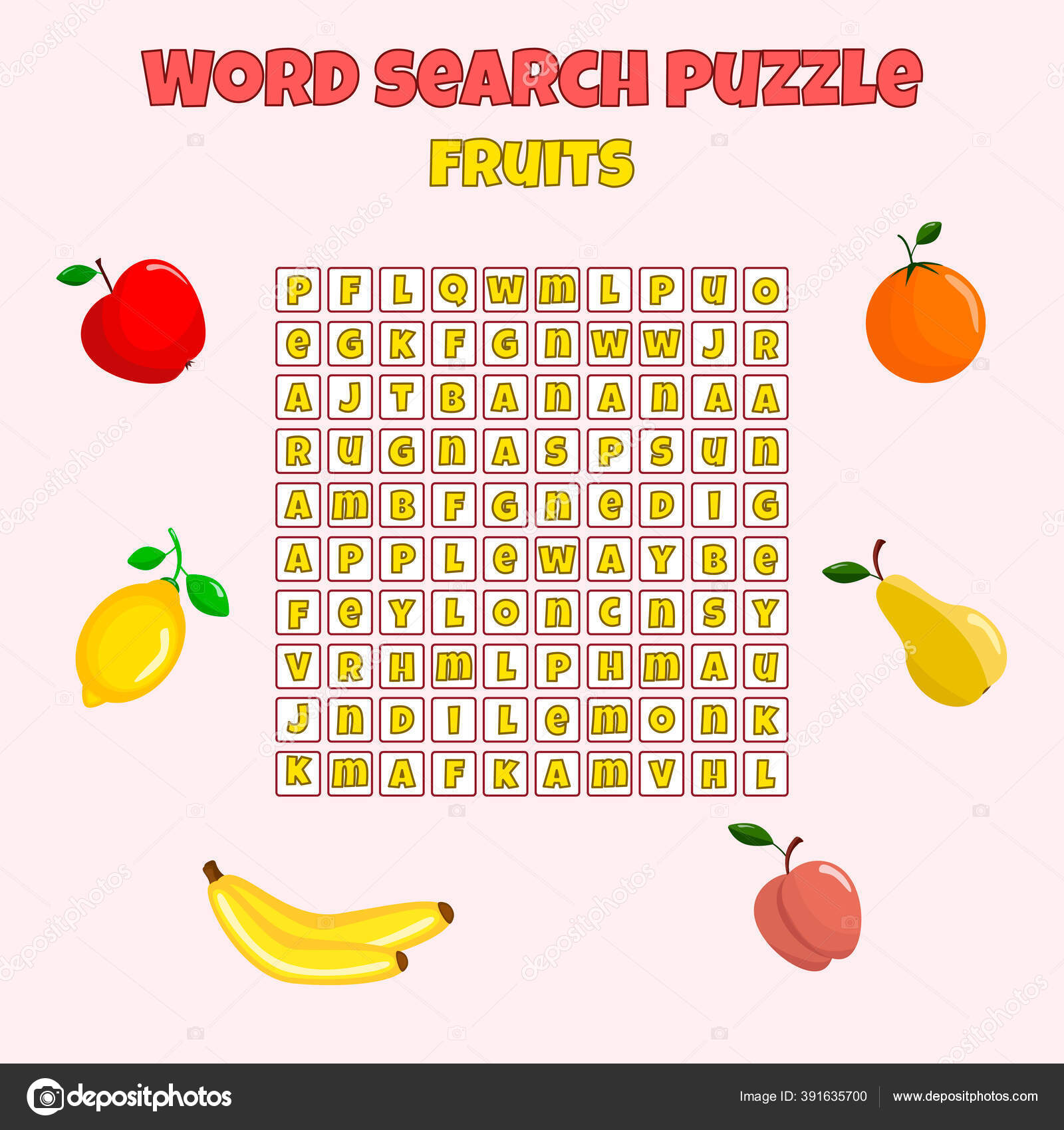 Crossword Fruits Vector Education Game Children Word Search Puzzle Mini