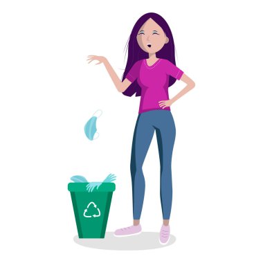 Salgın ve karantina sona erdi. Salgının sonu. İnsanlar tıbbi maskelerini çıkarıyorlar. Maskesiz genç bir kadın. Artık yalnızlık yok. Düz vektör çizimi beyaz arkaplanda izole edildi.