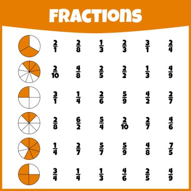 Görevi çöz. Kesirler. Kesir matematiği. Matematiksel bulmaca oyunu. Çalışma çizelgesi. Matematik öğrenme.