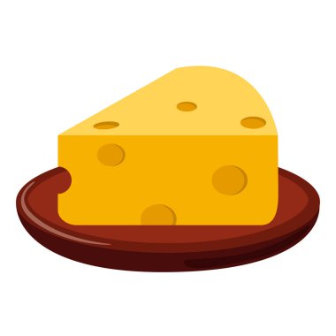 Peynir ahşap tabakta. Peynir beyaz arka planda. Peynir parçasının düz simgesi. Vektör illüstrasyonu.