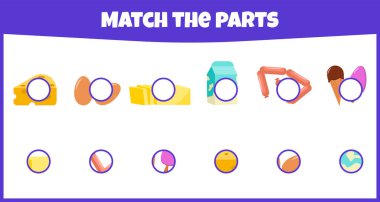 Eğitici bir oyun. Parçaları eşleştir. Tabakların parçalarını eşleştir. Eğitim için çalışma kâğıdı. Çocuklar için mini oyun.