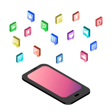 Düz izometrik telefon. Çevrimiçi konuşma. Telefon simgeleri. Renkli uygulama simgelerine sahip dokunmatik ekranlı cep telefonu, beyaz arkaplanda izole edilmiş cep telefonu resimlemesi.