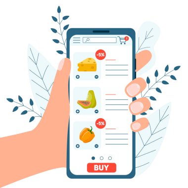 Çevrimiçi alışveriş konsepti, akıllı telefonu tutmak ve yemeği seçmek. İnternetten yemek sipariş et. Cep telefonu uygulaması. Vektör illüstrasyonu beyaz arkaplanda izole edildi.