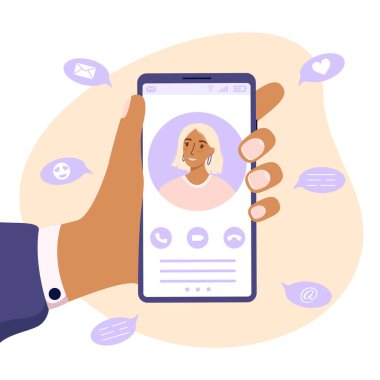 İnsanlar video konferans uygulaması telefonundan konuşuyor. El ele tutuşan telefon. Görüntülü konuşma. Düz vektör illüstrasyonu.