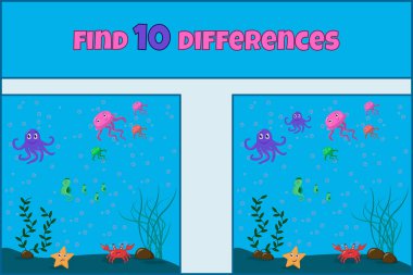 10 farklılık bul. Aradaki farkı bul. Çocuklar için eğitici bir oyun. Denizin altında. Vektör illüstrasyonu.