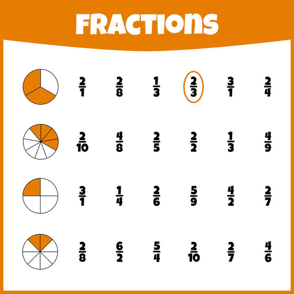 Solve the task. Fractions. Fraction mathematics.  Mathematical puzzle game. Worksheet. Learning mathematics.