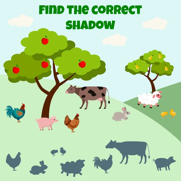 Juego Educativo Para Niños Encuentra Sombra Correcta Animales Granja Mini — Vector de stock