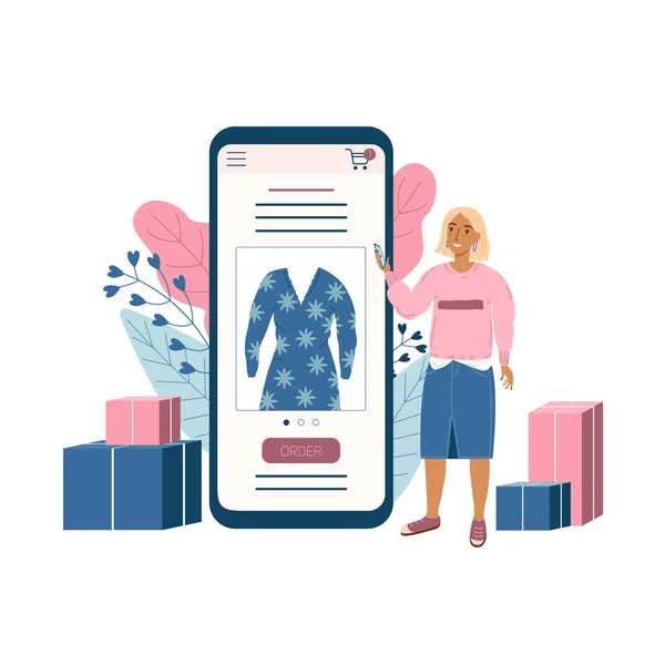 Boutique Ligne Illustration Concept Jeune Femme Faisant Shopping Ligne Femme — Image vectorielle