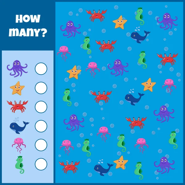 Mathematisches Lernspiel Zählen Sie Die Anzahl Der Meerestiere Zählen Sie — Stockvektor